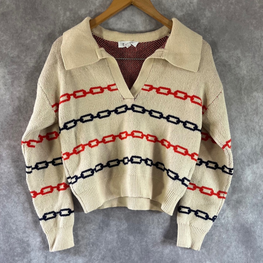 THML Chain Link Knit Sweater Women Small Beige Red Blue V-Neck Collared Polo